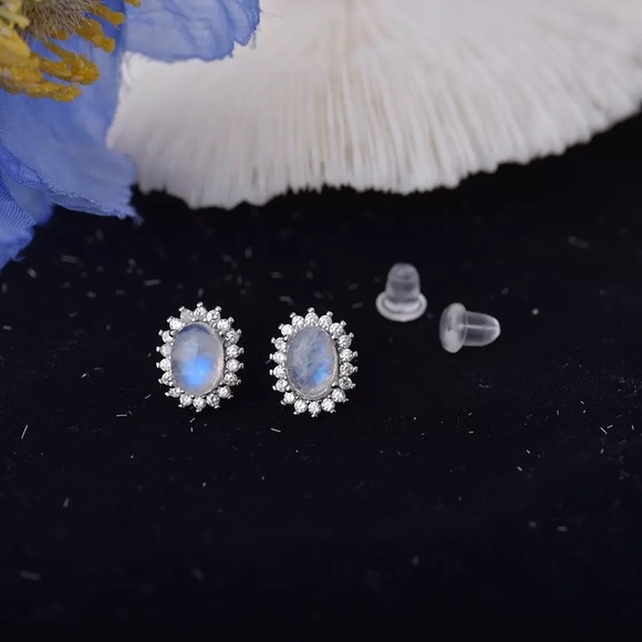 Natural Blue Flashy Moonstone Ear Studs Sterling Silver - Picture 5 of 5